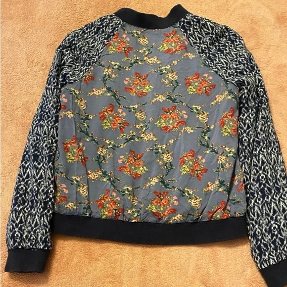 Free People Blue Floral Bomber Jacket with Navy Knit Sleeves - Picture 5 of 6